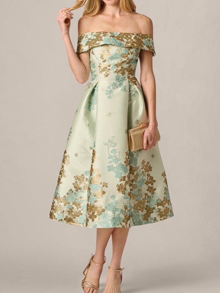 Adrianna Papell Floral Jacquard Ankle Length Dress Off The Shoulder Sage Gold 4